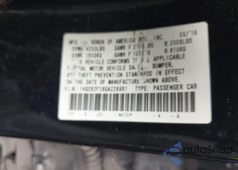 2016 Honda Accord Lx из США, поврежденный, VIN 1HGCR2F38GA226891